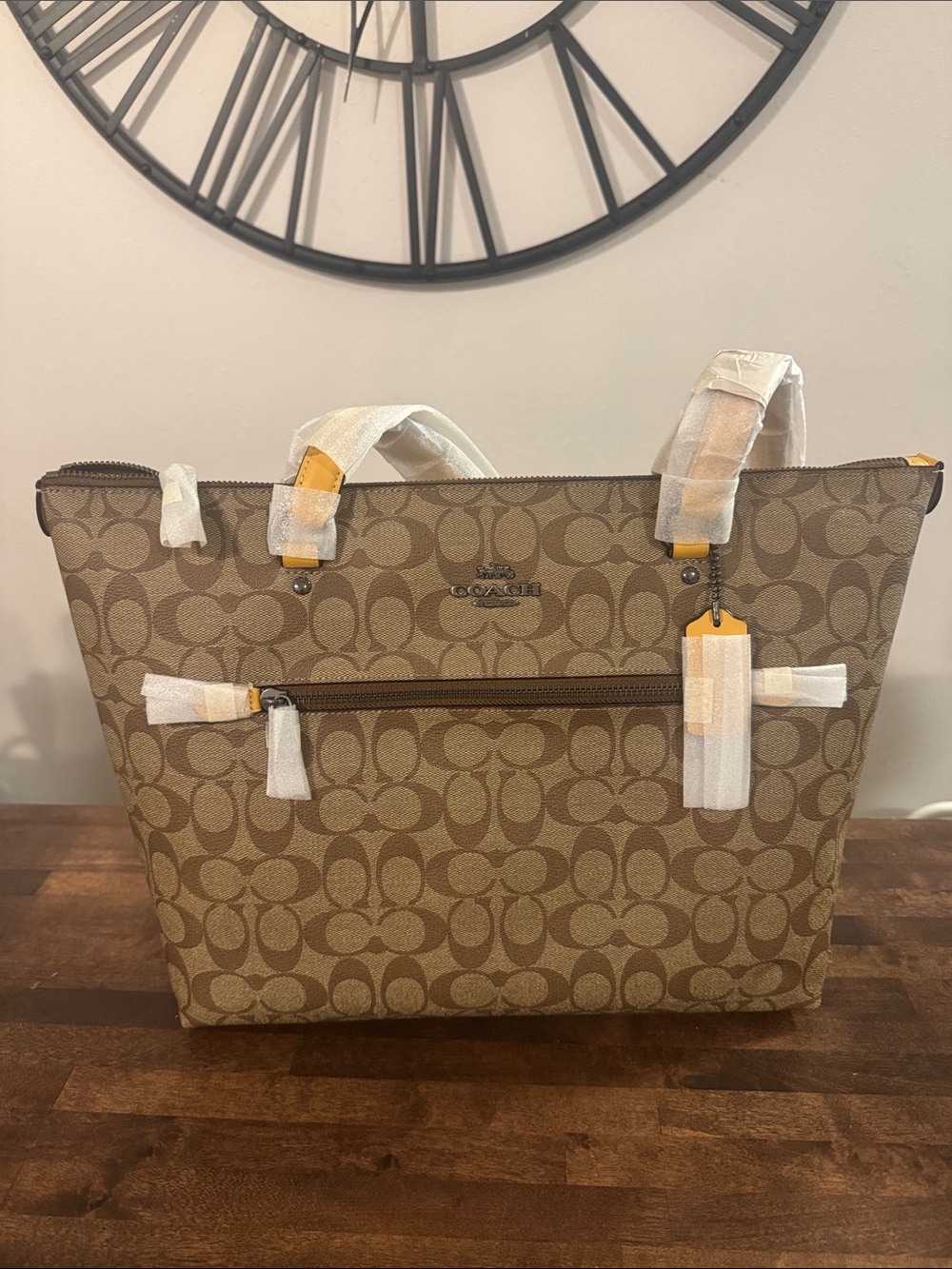 New! Coach Signature Gallery Tote with Brown Trim